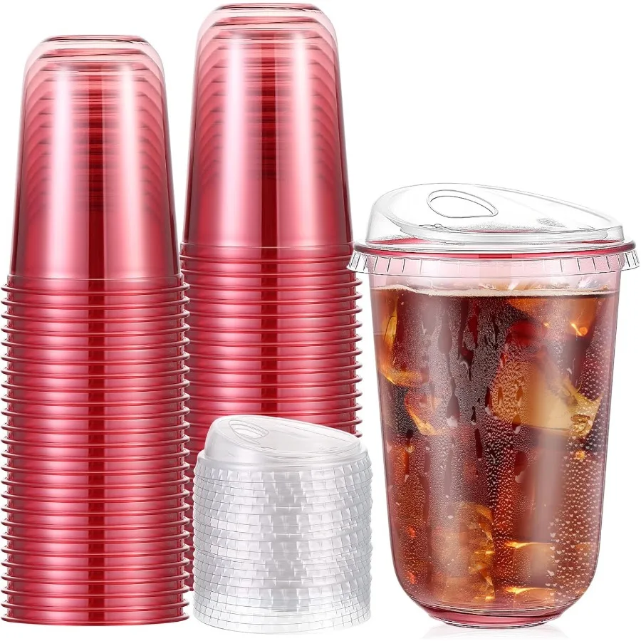 

50 комплектов прозрачных пластиковых кофейных чашек с крышками для кофе со льдом, смузи и холодных напитков, идеально подходят для магазинов напитков, вечерние Caterin