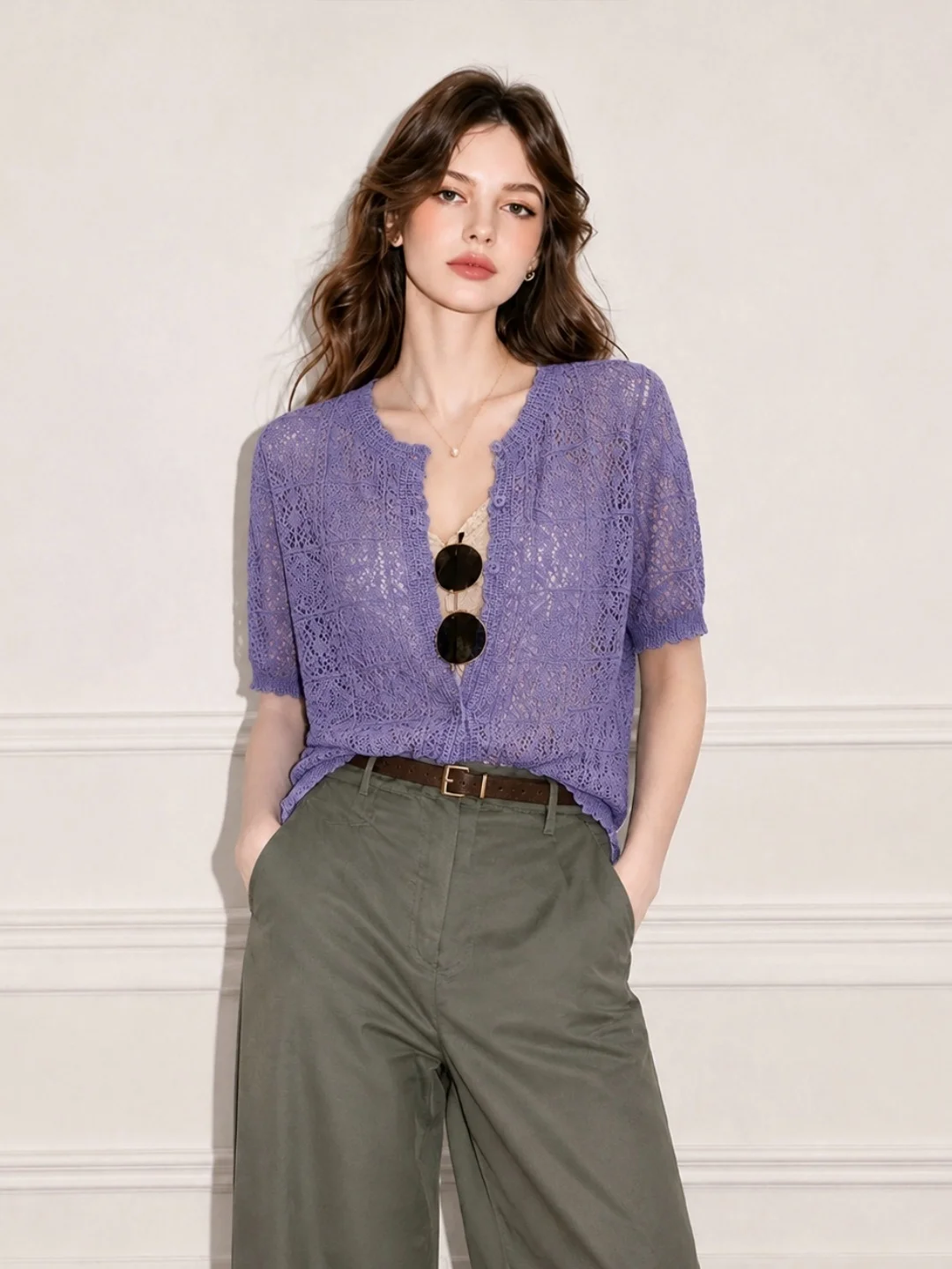 Korean Style Ice Silk Knitted Hollow Design Comfortable Single Button Women's Top Soft Straight Tube Shape Short Sleeve Summer