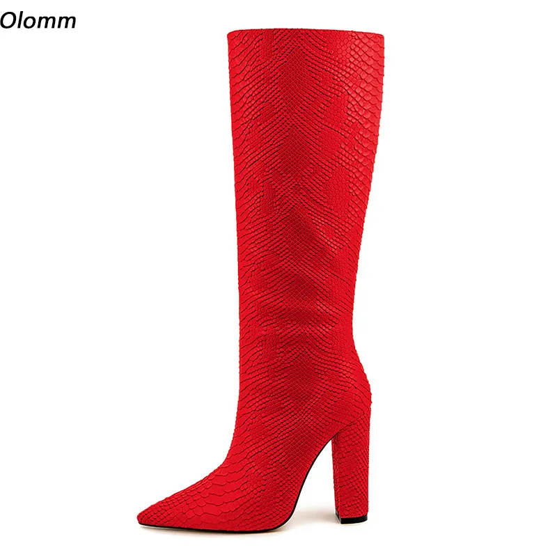 

Olomm Handmade Women Winter Knee Boots Side Zipper Chunky Heels Pointed Toe Pretty Red Party Shoes Women Plus US Size 5-13