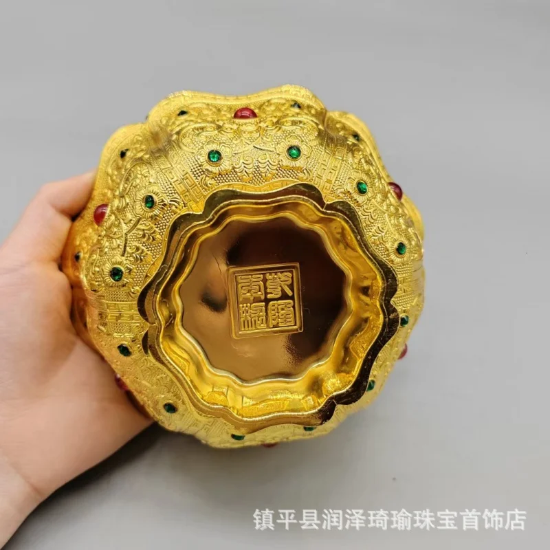 Qing Dynasty Six-Petal Lace Pattern Gilding Copper Bowl Handmade Inlaid Gem Exquisite Retro Artwork Ornaments