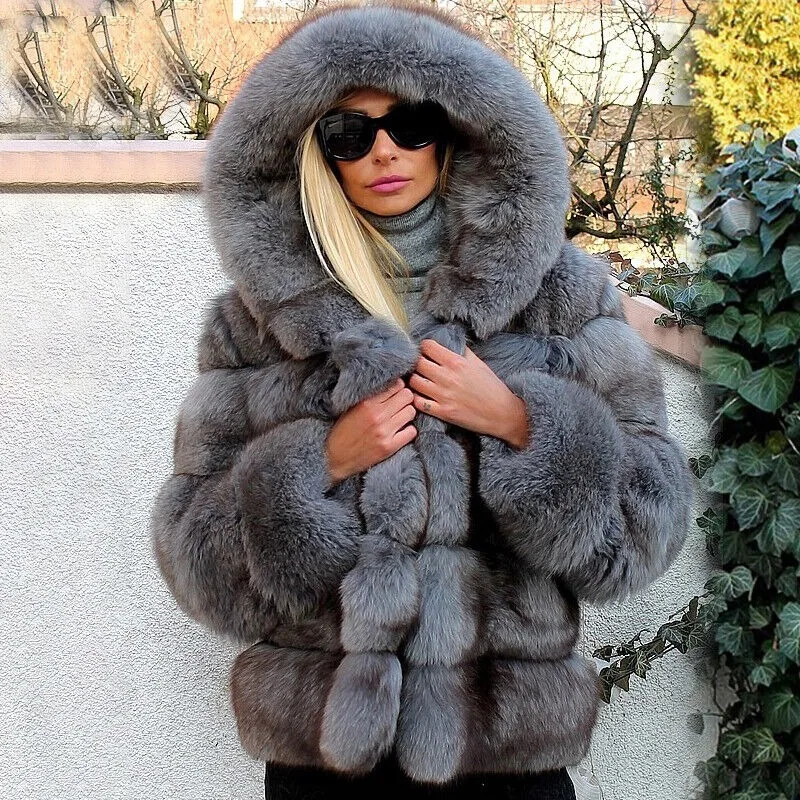 Fashion Women 100% Real Fox Fur Coat Hooded Full Pelt Natural Fur Jacket Warm fluffy Overcoat women's clothing trend 2024