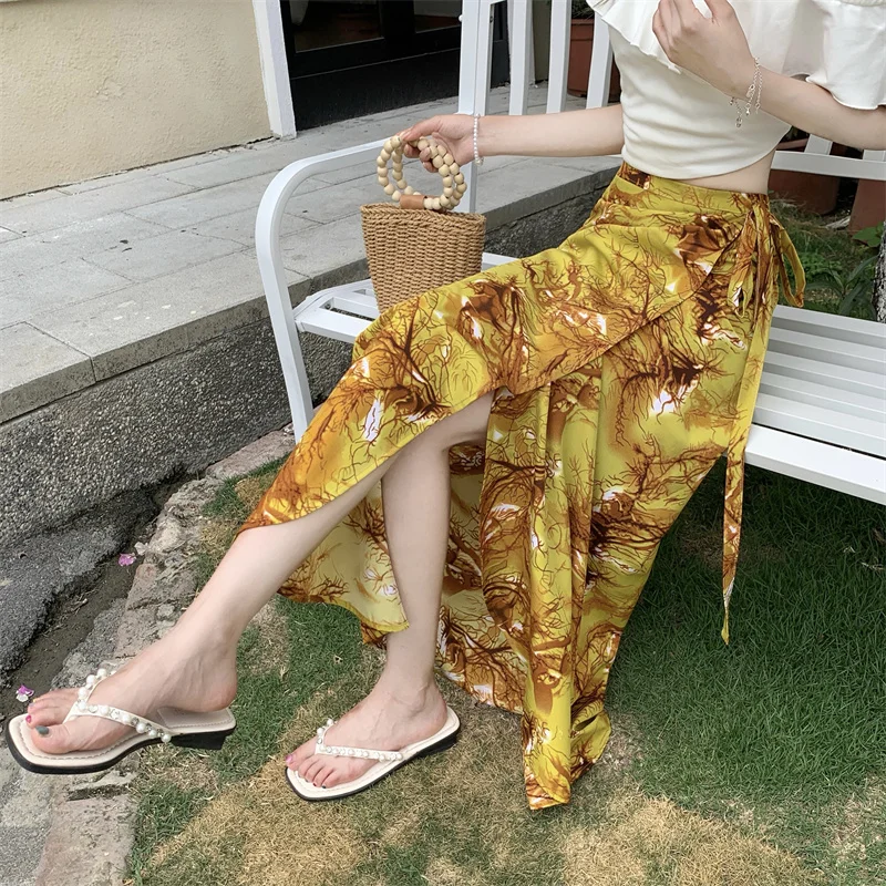Retro Ethnic Print Sari Skirt with Belt Beach Long Dress Women's mid Waist Polyester Fiber Blend Summer Season Floral Pattern