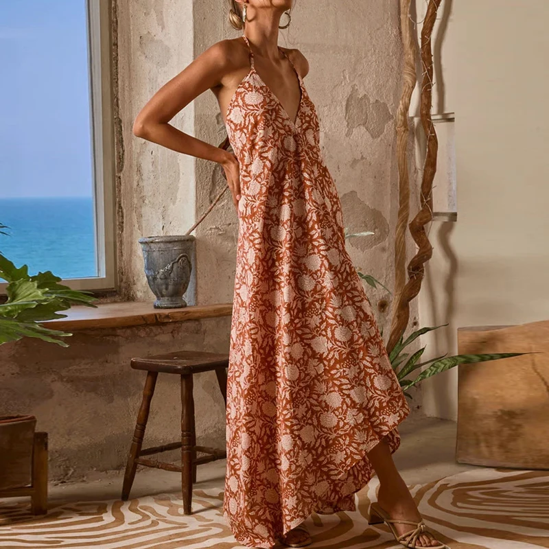 Summer Casual Pleat Loose Vacation Party Dress Women Elegant Sleeveless Hollow Dress 2025 Fashion Floral Print Beach Long Dress