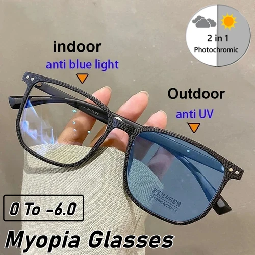 Gafas fotocromáticas de lujo para miopía para mujeres y hombres, gafas para miopía con montura cuadrada a la moda, gafas de sol terminadas para exteriores