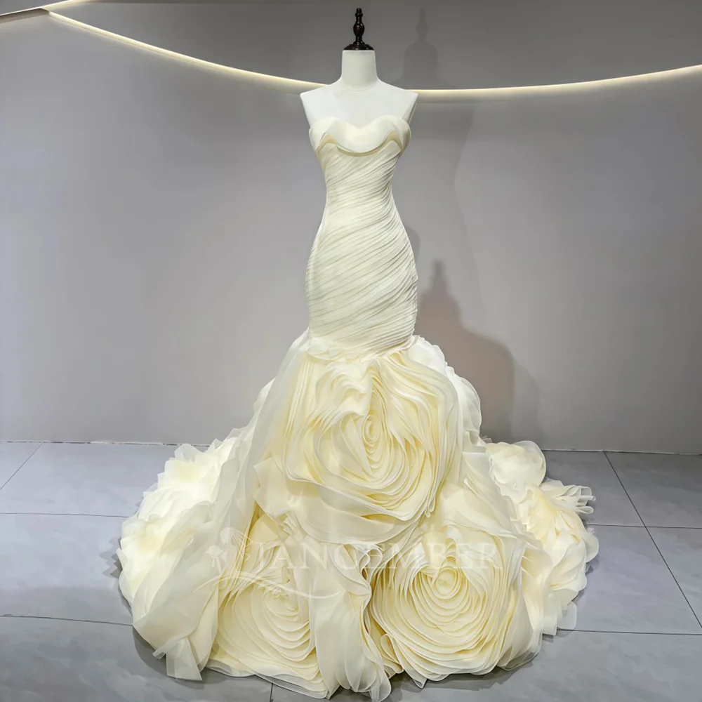 Customized Strapless Lace Sleeveless Wedding Dresses Mermaid Floor Length Sweep Train Satin Bridal vestidos de novia