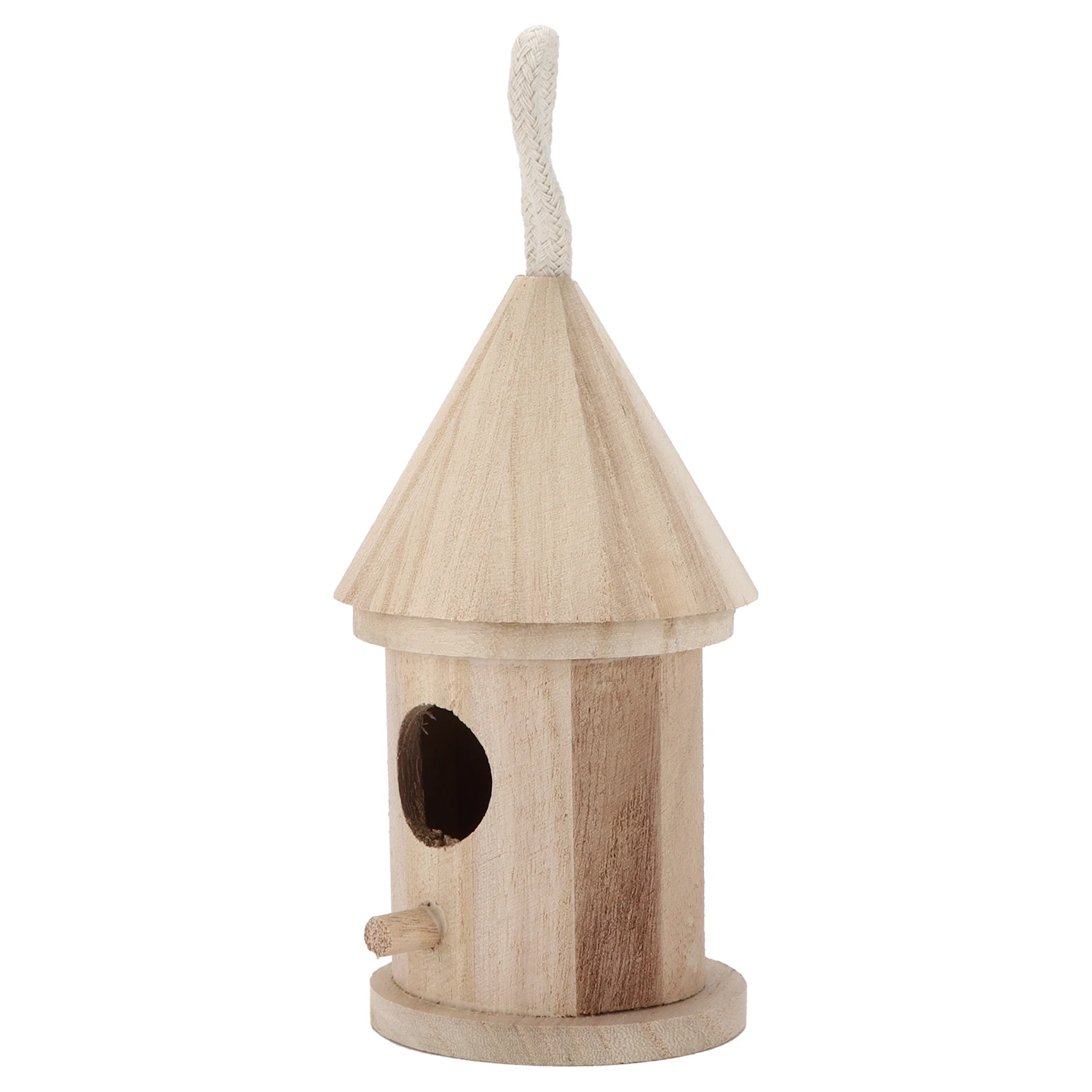 Pequena casa de pássaros suspensa, ninho de pássaros redondo de madeira com corda de algodão para decoração de jardim ao ar livre