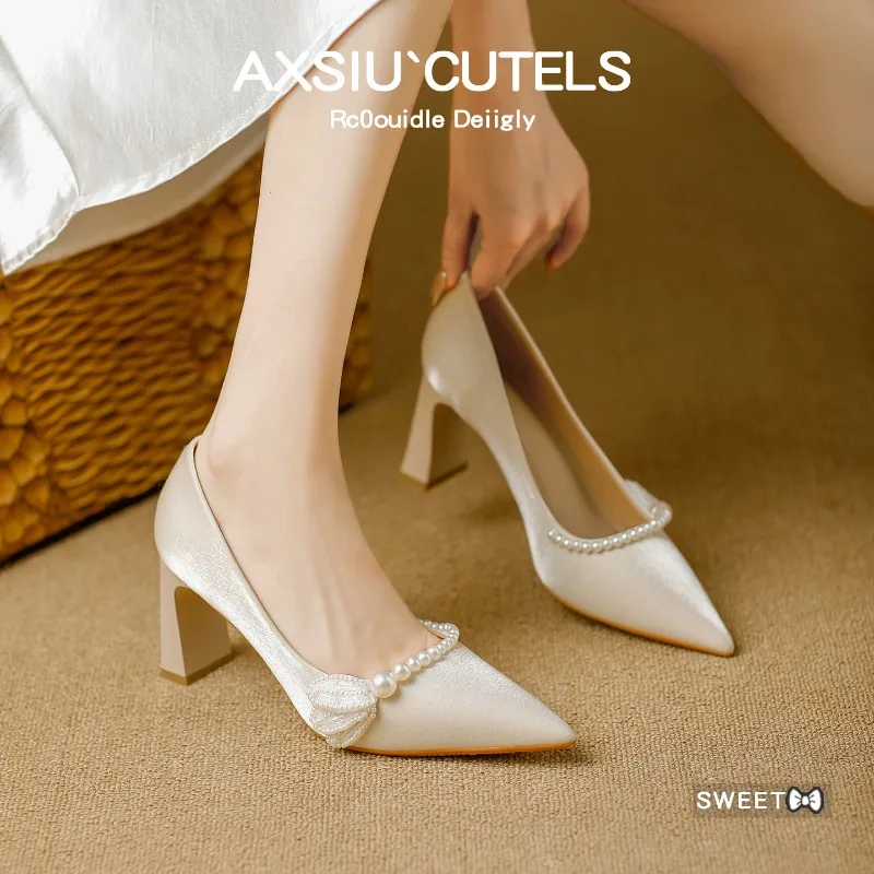 Women Pointed Toe Pumps Pearl Strap Bow Detail Block High Heel Elegant Wedding Bridal Party Evening Dress Shoes