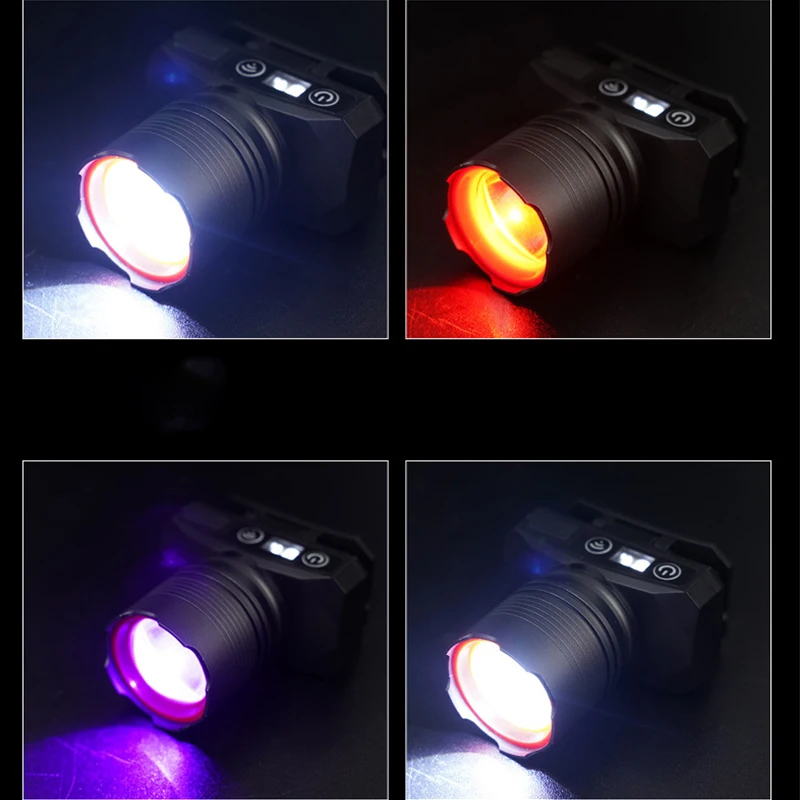 빨간색/흰색/UV 빛 3 광원 유도 헤드 라이트 USB 충전식 헤드 램프 새로운 도착과 다기능 LED 전조등