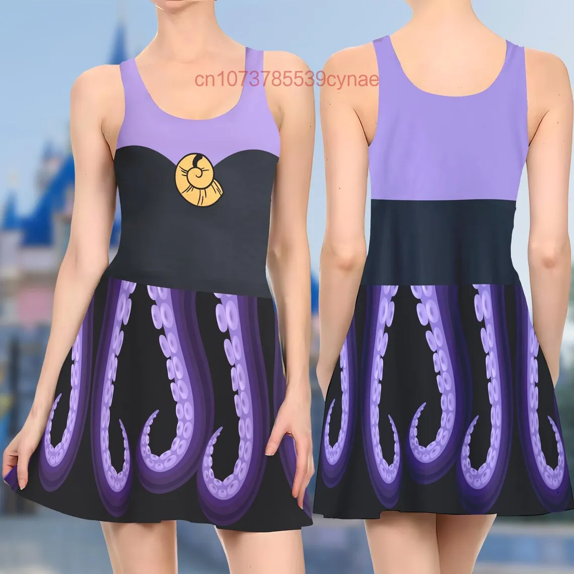 Disney The Little Mermaid Skater Dress Women Round Neck Sleeveless Cosplay Dress Summer Casual Street Women's Dress