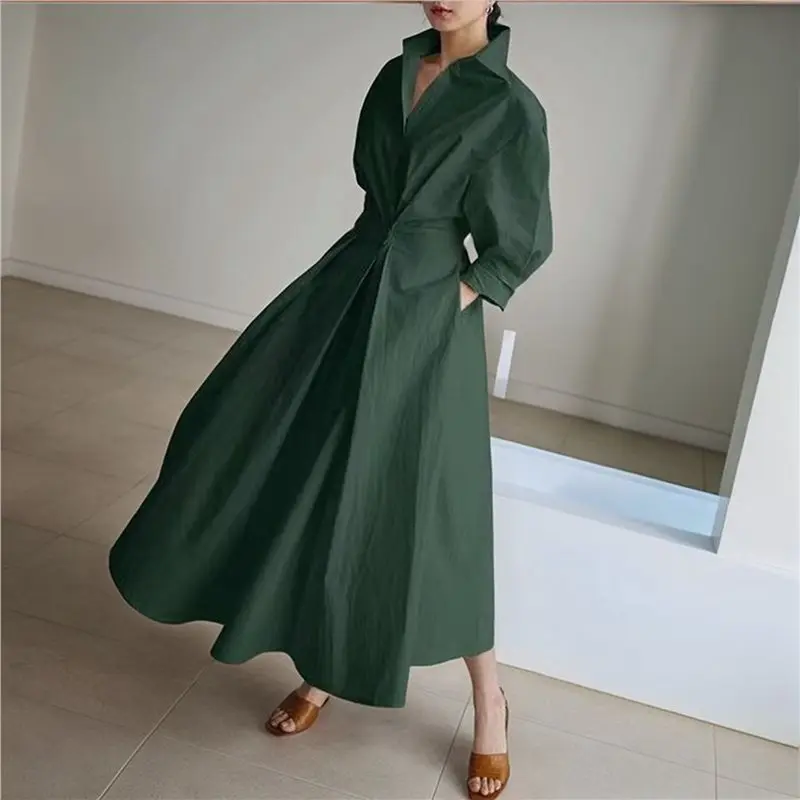 CYL-robe t-shirt Maxi boutonnée en coton pour femmes, col à revers, manches longues