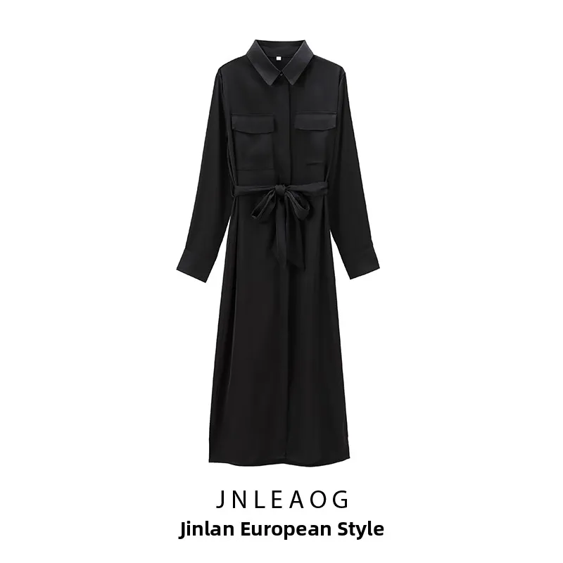 JNLEAOG Autumn New Women's Shirt Dress Silk Satin Texture Wind Design Polyester Fiber Long Sleeve H Version Casual Single Piece