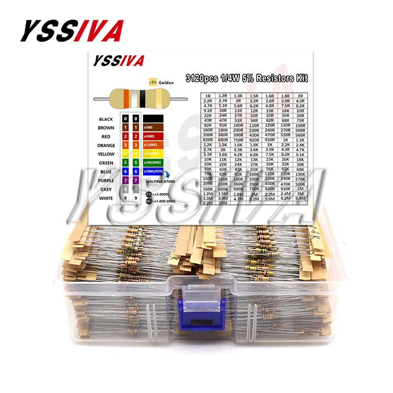 

3120pcs 1/4W Carbon Film Resistor Kit 5% Resistance Assortment Set 156valuesX20pcs 1R - 10M ohm 0.25W Sample Pack