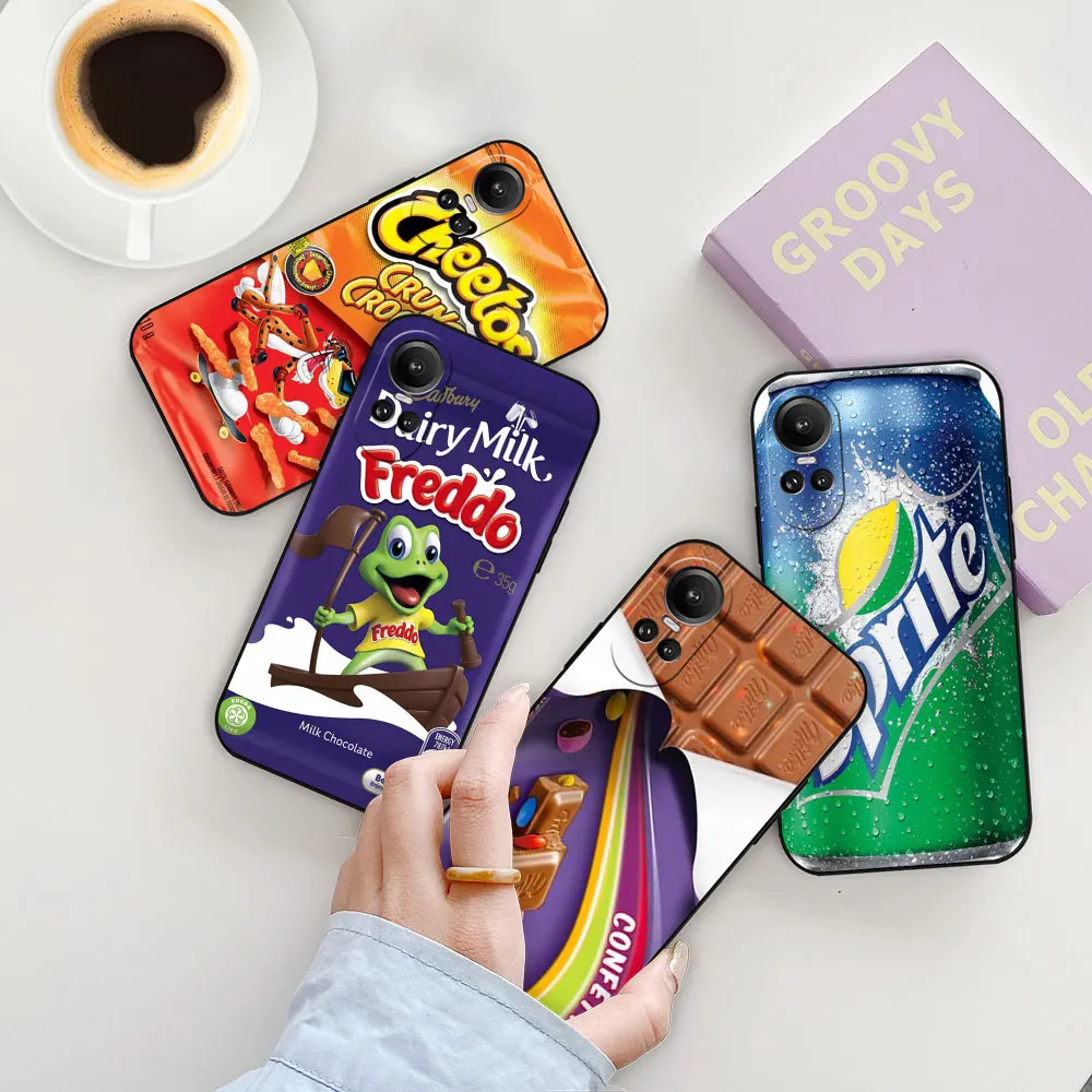 

Chocolate Potato Chips Cola Biscuit Phone Case For OPPO Reno 11 11F 10 10X 8 8T 8Z 7 7Z 6 6Z 5 4 Pro Plus 4G 5G Black Soft Cover