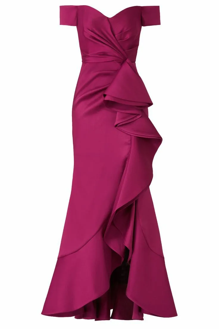 Vintage Long Fuchsia Satin Evening Dresses With Slit Mermaid Ruffled Off Shoulder Floor Length Prom Dresses for Women