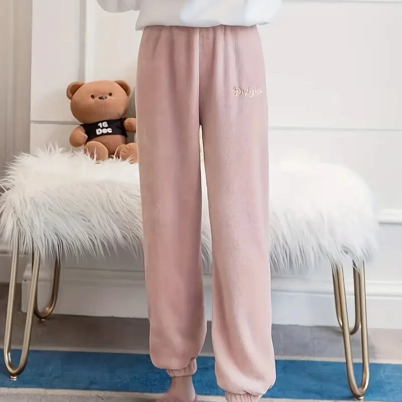 Winter Plush Pajama Pants for Women Soft Fleece Lined Thermal Lounge Wear Warm Elastic Waist Sleep Pants Cozy Home Clothing