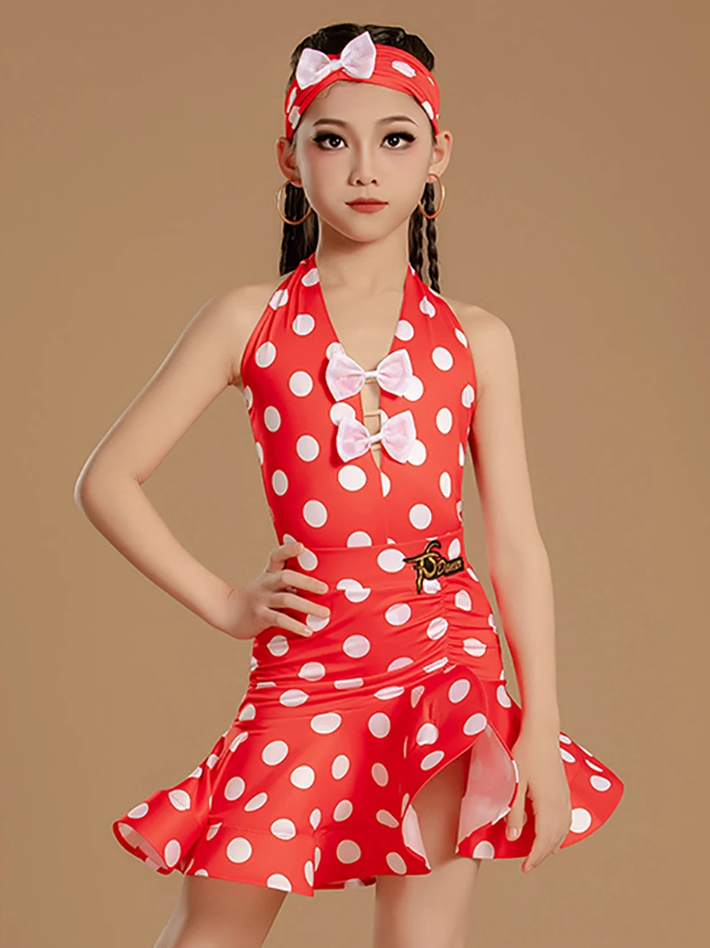 

Latin Dance Dress Girls Kids Summer New Wave Point Halter Backless Competition Dancewear Retro Training Performance Costume