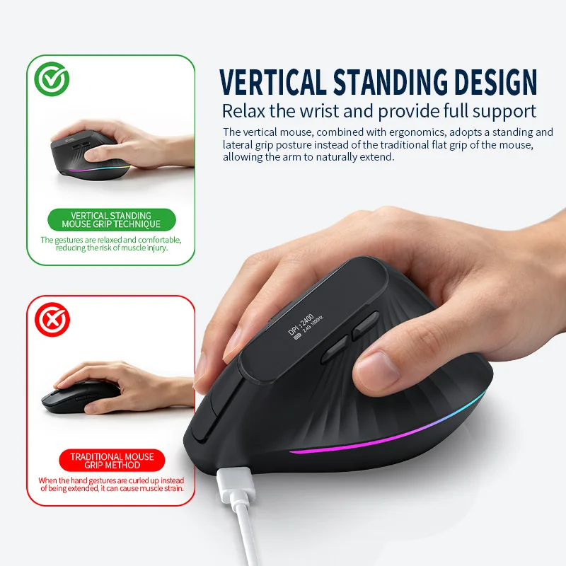 Rechargeable Wireless Mouse with Screen Display & LED Backlit,Ergonomic Bluetooth&2.4G Wireless Vertical Mouse for Windoe/Mac OS