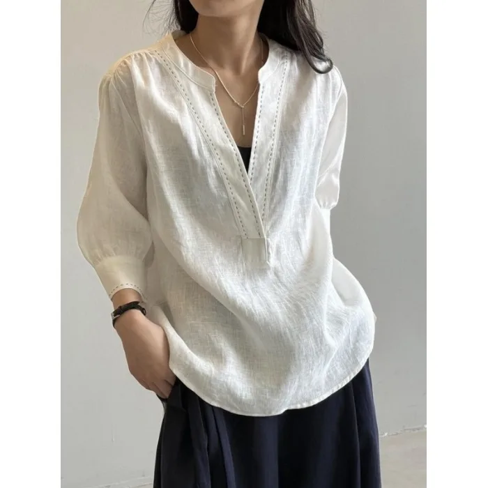 

Loose Fit V-Ne White Linen irt for plus Size Women Spring Summer New Design Casual Comfortable Slimming Top
