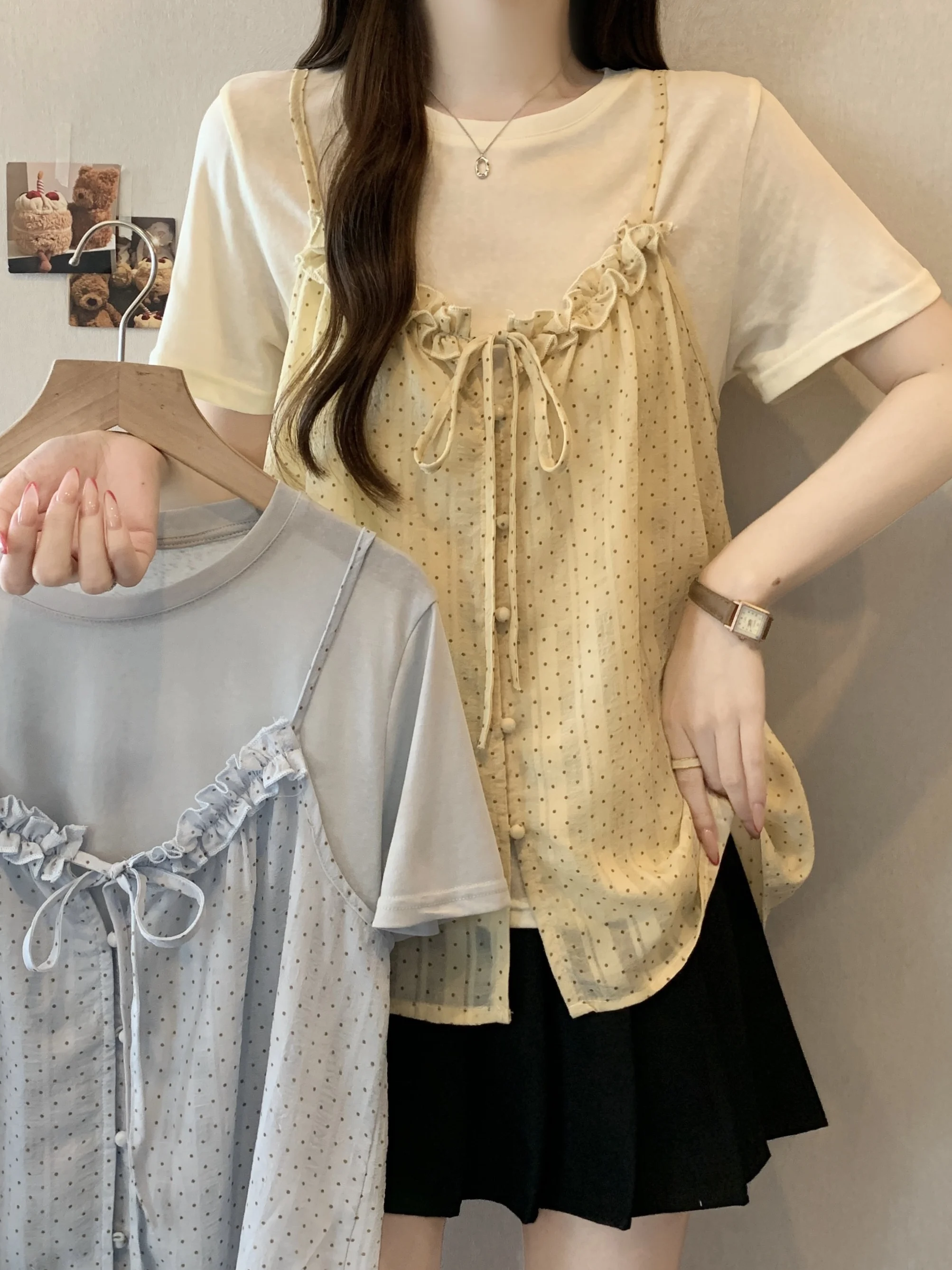 

Летний новый женский модный комплект в корейском стиле: топ с коротким рукавом, оборками и поясом, и нижнее белье, комплект из двух предметов, повседневный стиль