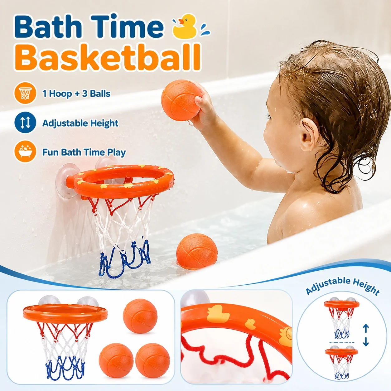 Toddler Bath Basketball Hoop Toy with 3 Soft Balls Strong Suction Cups Bathtub Shooting Game Birthday Gift for Boys Girls