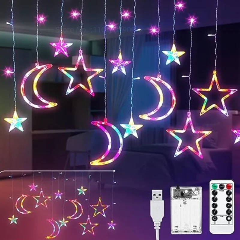 Guirxiété lumineuse LED étoile et lune avec télécommande, chaîne de rideaux, lumière USB 62, lumières dégradées