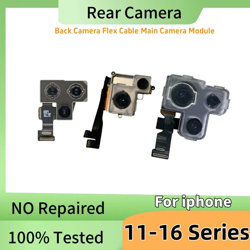 100% Working Rear Camera For iPhone 11 12 13 14 15 16 Pro Max Back Camera 16 Plus 13 Mini Rear Main Lens Flex Cable Camera