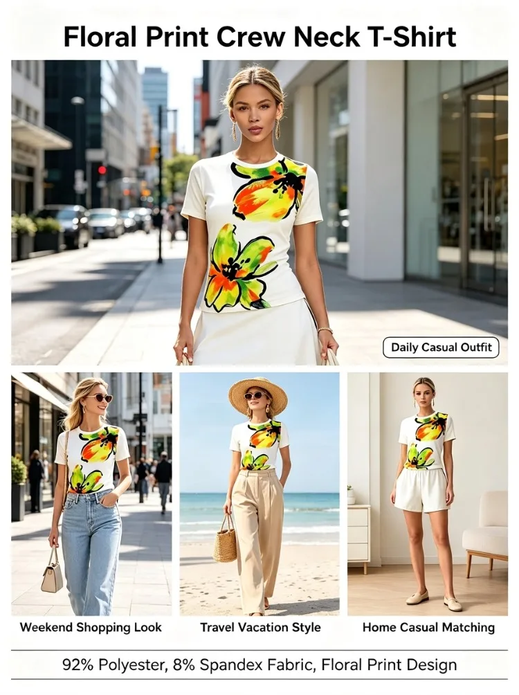 Yeezzi Damen-T-Shirt mit elegantem Blumenmuster und Rundhalsausschnitt, 2026, neue kurze Ärmel, schmale Passform, lässige T-Shirts, passende Oberteile für Damen – Detail 4