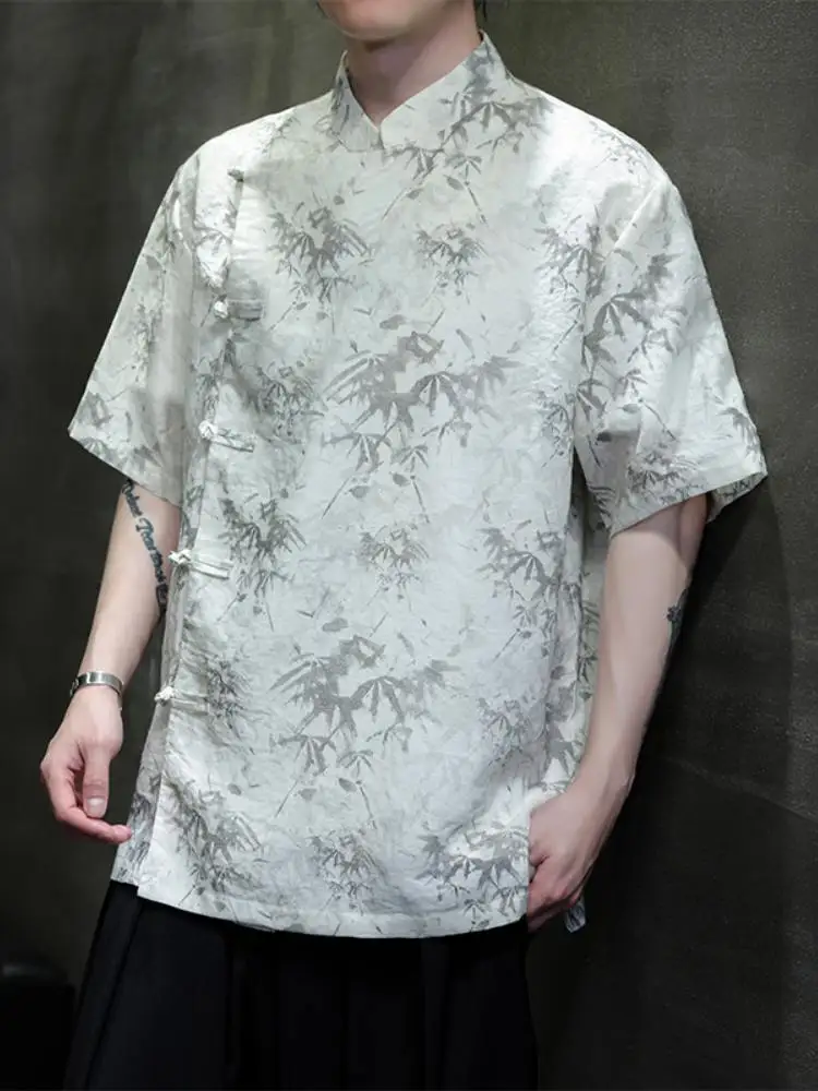

New Summer Bamboo Print Linen Short Sleeve Shirt Men's Style Side Buttoned Top Thin Chinese Tang Costume Hanfu Breathable