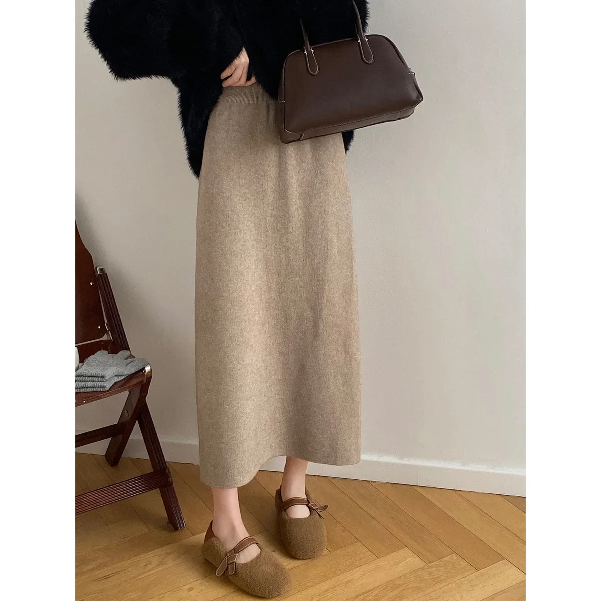 Women Clothes Solid Color Fashion Simple Knit Skirt 2024 Winter New Girl Temperament High Waist  All Matching Long Skirt