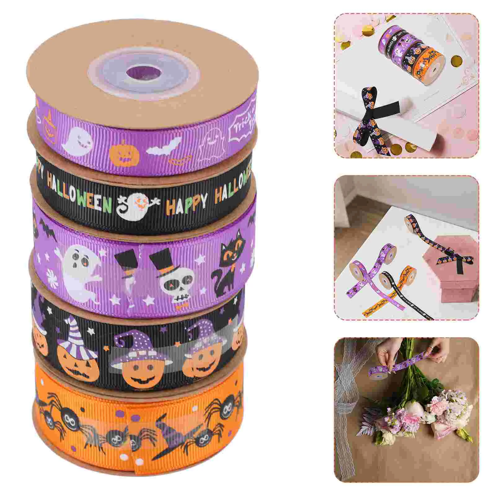 

5 Rolls Decorate Halloween Ribbon Package Wired Wrapping Packaging Gift Packing Party DIY Crafts