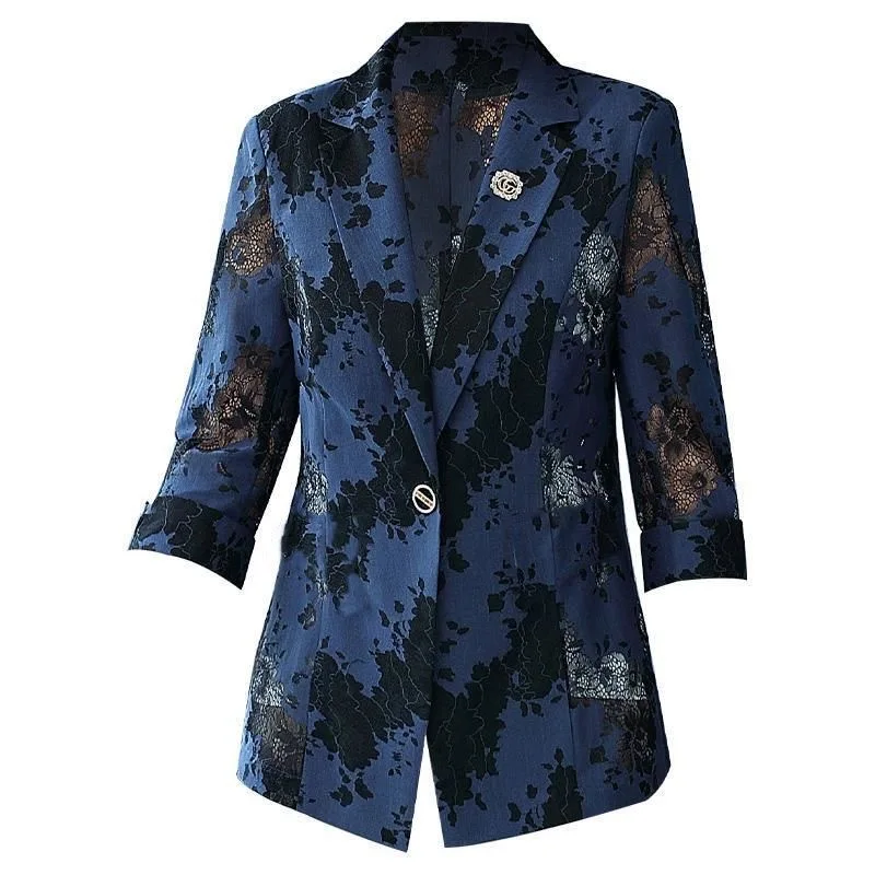 CHAXIAOA Plus Size Thin Women Blue Blazers Chic Tops Long Sleeve Women\'s Jacket Lace Suits Outerwear Stylish Tops Drop Shipping