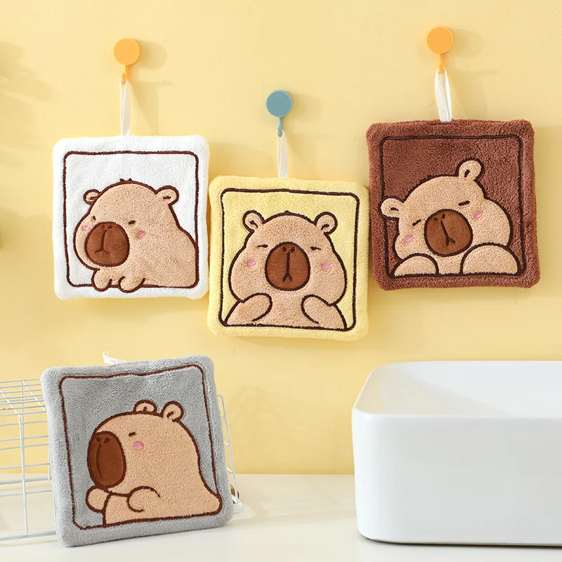 Cute Capybara Hand Towel Soft Double Layer Thick Absorbent Coral Fleece Hanging Towel Household Absorbent Towels Wipe Dishcloth