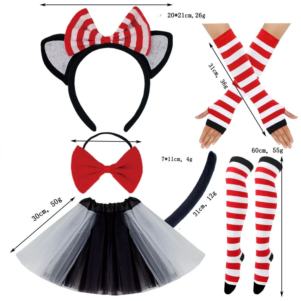 Kids Girls Cat Costume Outfit Animal Ear Top Hat Headband Tutu Skirt Bowtie Tail Striped Socks Long Gloves Set Cosplay Party