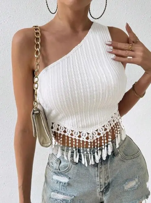 

Summer Women's Sexy Single-Shoulder T-Shirt Tassel Detail Short Style Exposed Navel Top Trendy Shoulder Baring Clothing