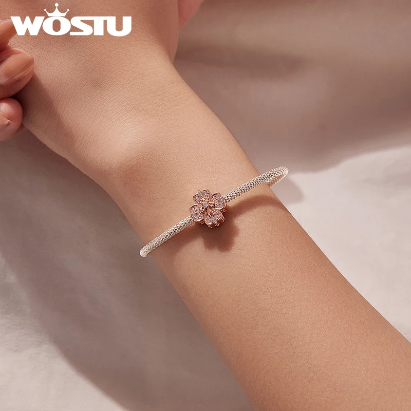 WOSTU DIY Gift Rose Gold Plated Lucky Clover Charms Fit Original Bracelet Neckalce Wholesale, Zircon Iris Flower Original Beads