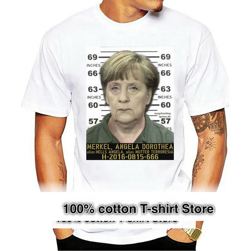 Angela Merkel Mutter Terroresia T-shirt Fahndungsfoto Mugshot Nato Eu A238 New Short Sleeve  Mens T Shirts Fashion