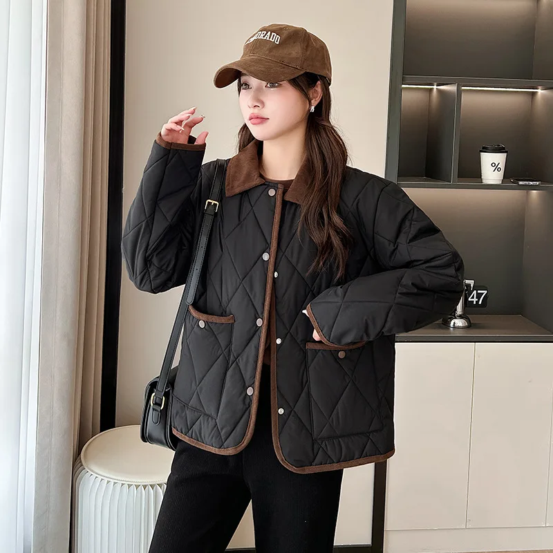 New Korean Style Fragrance Short Cotton-Padded Jacket 2024 Contrast Color Diamond Check Design Lapel Winter Cotton-Padded Jacket