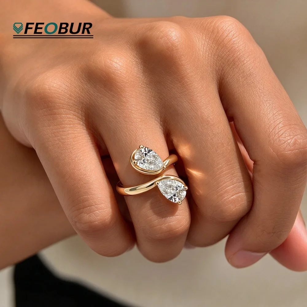 2cttw Pear Moissanite Diamond Ring for Women Two Stone Waterdrop Open Ring 5A Zircon 925 Sterling Silver Vintage Jewelry Wedding