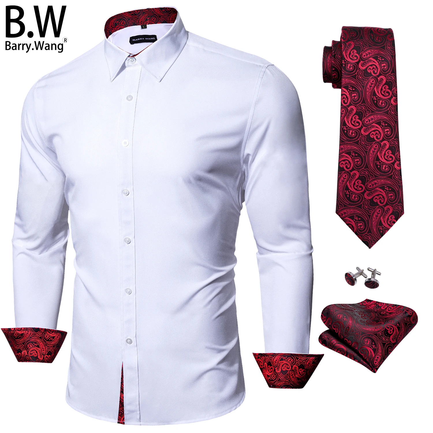 Barry.Wang Stylish Silk Mens Shirt Tie Set Jacquard Paisley Long Sleeves Male Blouses Necktie Hanky Cufflinks Wedding Business