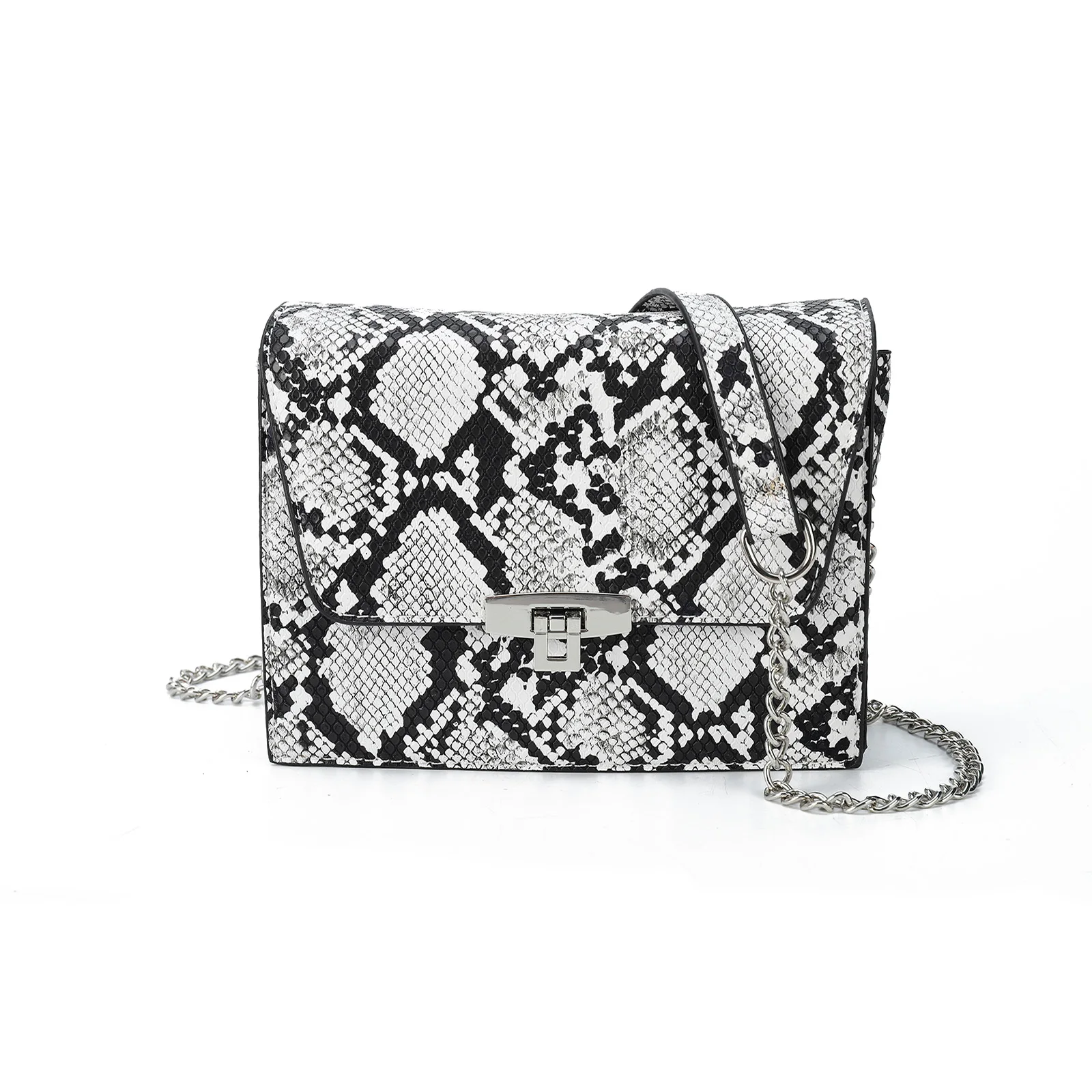 Feminine PU Snakeskin Pattern Bag with Metal Chain Accent