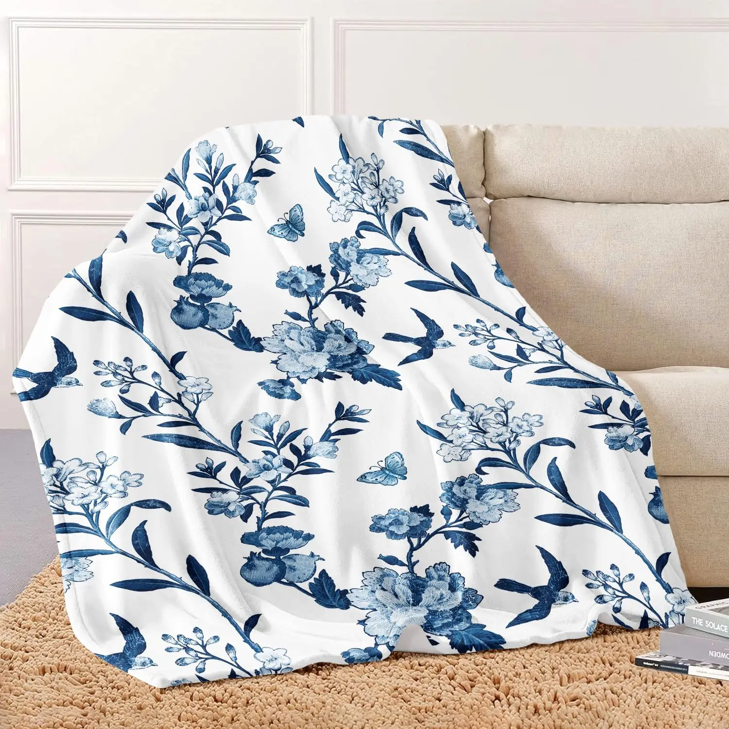 Chinese Blue White Bird Flower Butterfly Fleece Blanket Cozy Cover Lounge Rest Household Travel Indoor Daily Home Decor Use