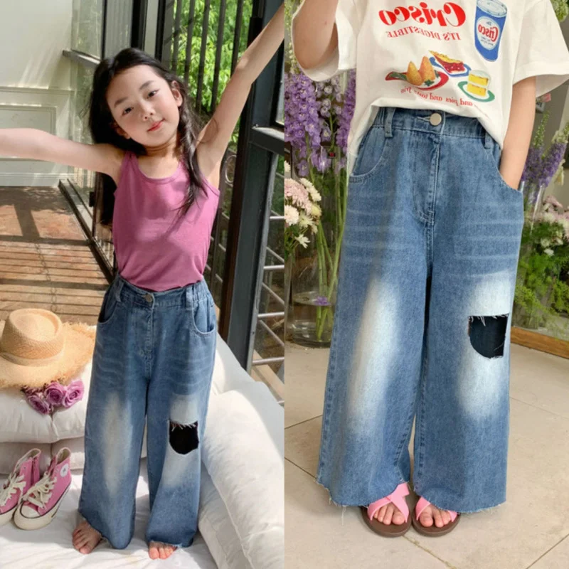 

Hnq-Girls' Fashionable Wide-Leg Ripped Jeans Summer New Casual Loose Trousers Children One Piece Dropshipping