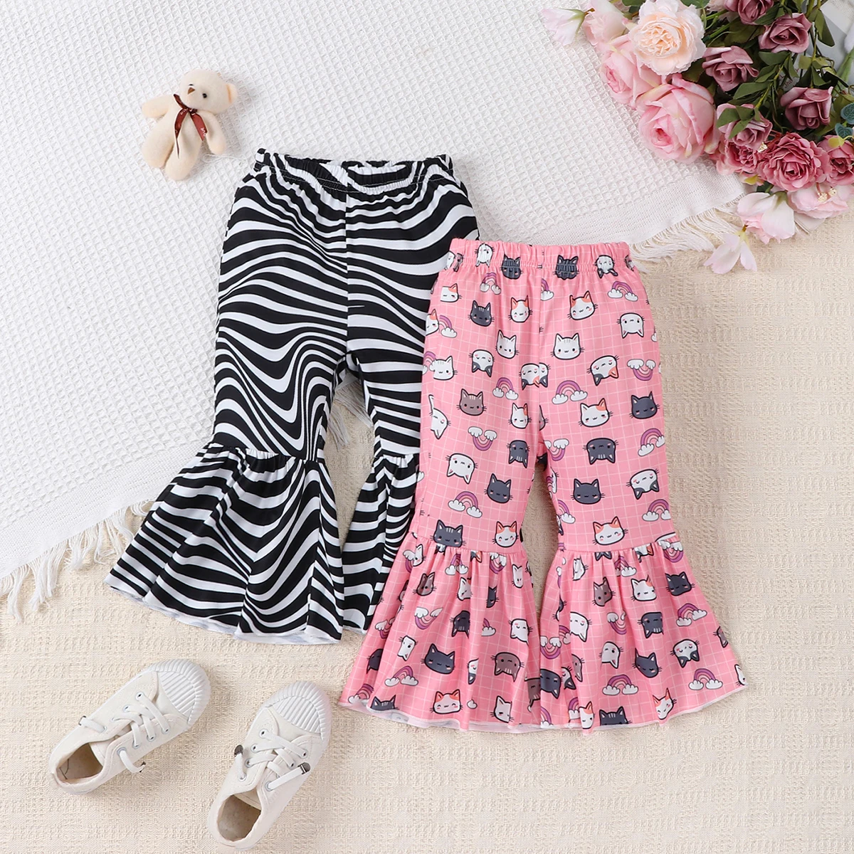 JOPGEEY Two-piece set of spring and autumn baby girl's water ripple cartoon cat pattern full-print flared pants