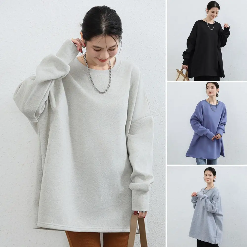 Winter Sweatshirt Top Cozy Plush-lined Women's Sweatshirt with Slit Hem Elastic Cuffs Mid Length Pure Color Pullover Daily Top