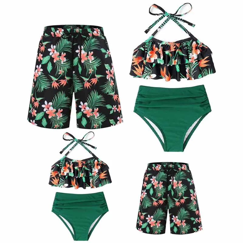 Family Matching Beach Swimwear Summer Mother Daughter Father Son Swimwear Mom Girls Bikini Swimsuit Sets Dad Boys Family Clothes