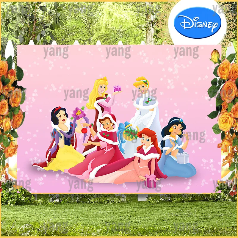 

Disney Princess Snow White Cinderella Aurora Ariel Pink Photo Backdrop Lively Happy New Year Party Custom Backgrounds Decoration