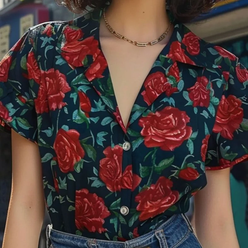 Vintage Thin Printing Shirt Tops Polo Neck Short Sleeve Loose Youth High Street Blouse Summer New Fashion Casual Women Clothing