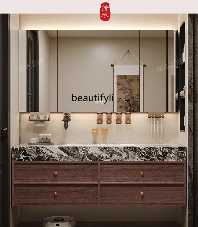 Medieval style bathroom cabinet combination luxury stone seamless basin walnut washstand wash basin9344