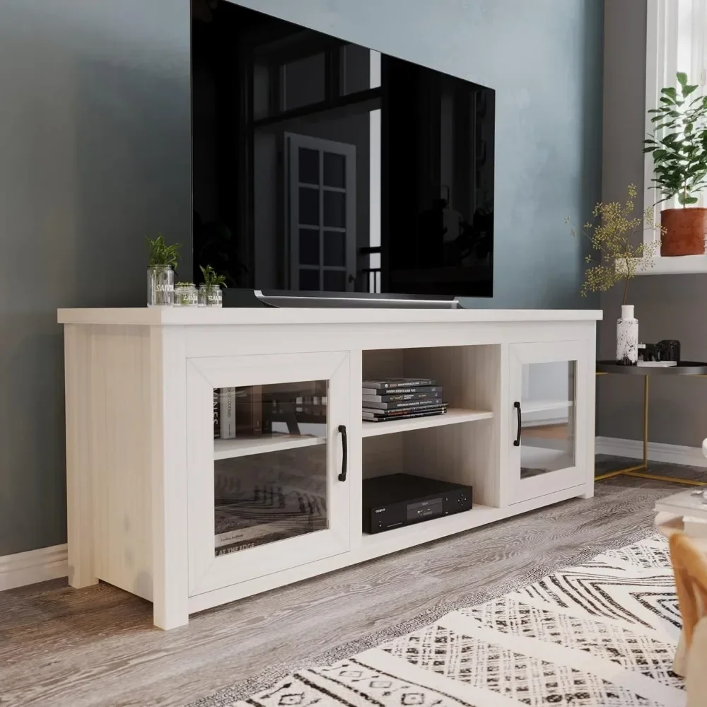 Sheffield soporte de TV de hasta 80 ", acabado de lavado blanco moderno y puertas de vidrio completas, marco de madera de ingeniería de 65"