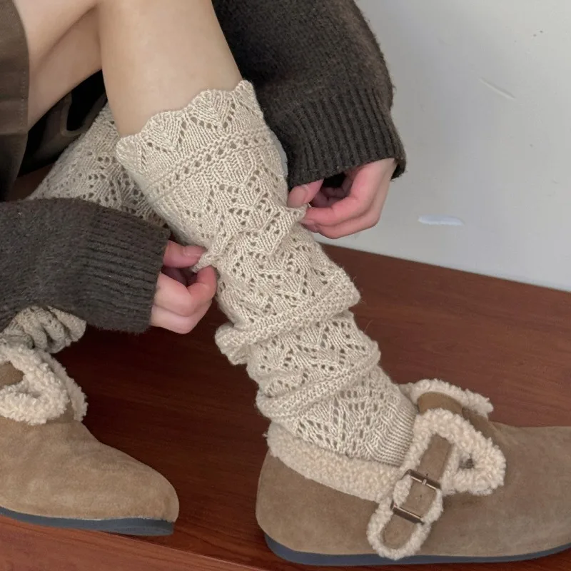 SP&CITY Soft Wool Hollow Out Knitted Socks for Women Lace Thickned Warm Leg Socks Solid Color College Style Fashion Pile Socks